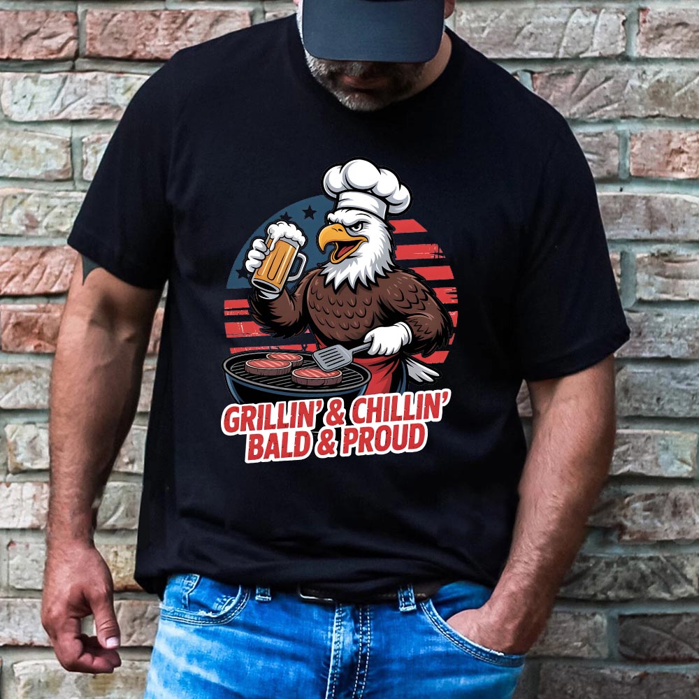 Grillin’ & Chillin’, Bald & Proud T-Shirt – Patriotic Bald Eagle BBQ Vintage Tee