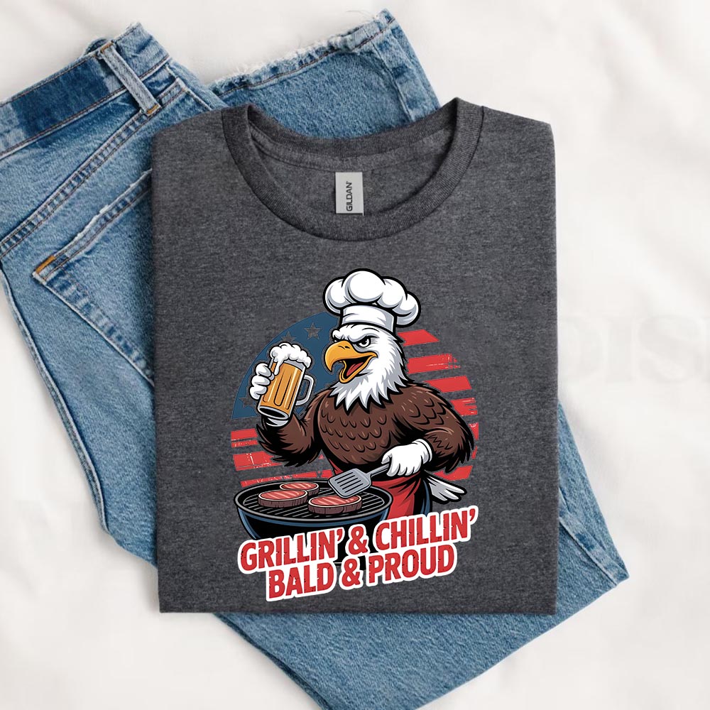 Grillin’ & Chillin’, Bald & Proud T-Shirt – Patriotic Bald Eagle BBQ Vintage Tee