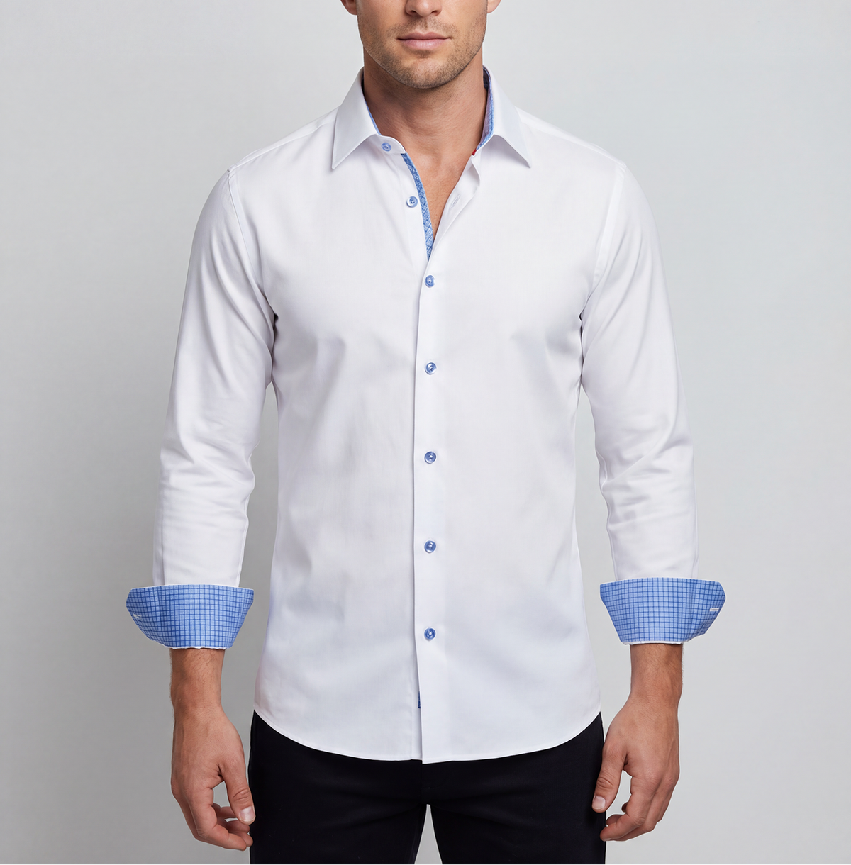 Edward// // Cotton Knit-Stretch Button-Up Shirt With Contrast Details // White // Tailored Fit (Fitted)