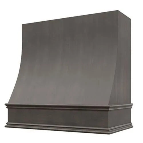 Stained Gray Wood Range Hood With Sloped Front and Decorative Trim - 30