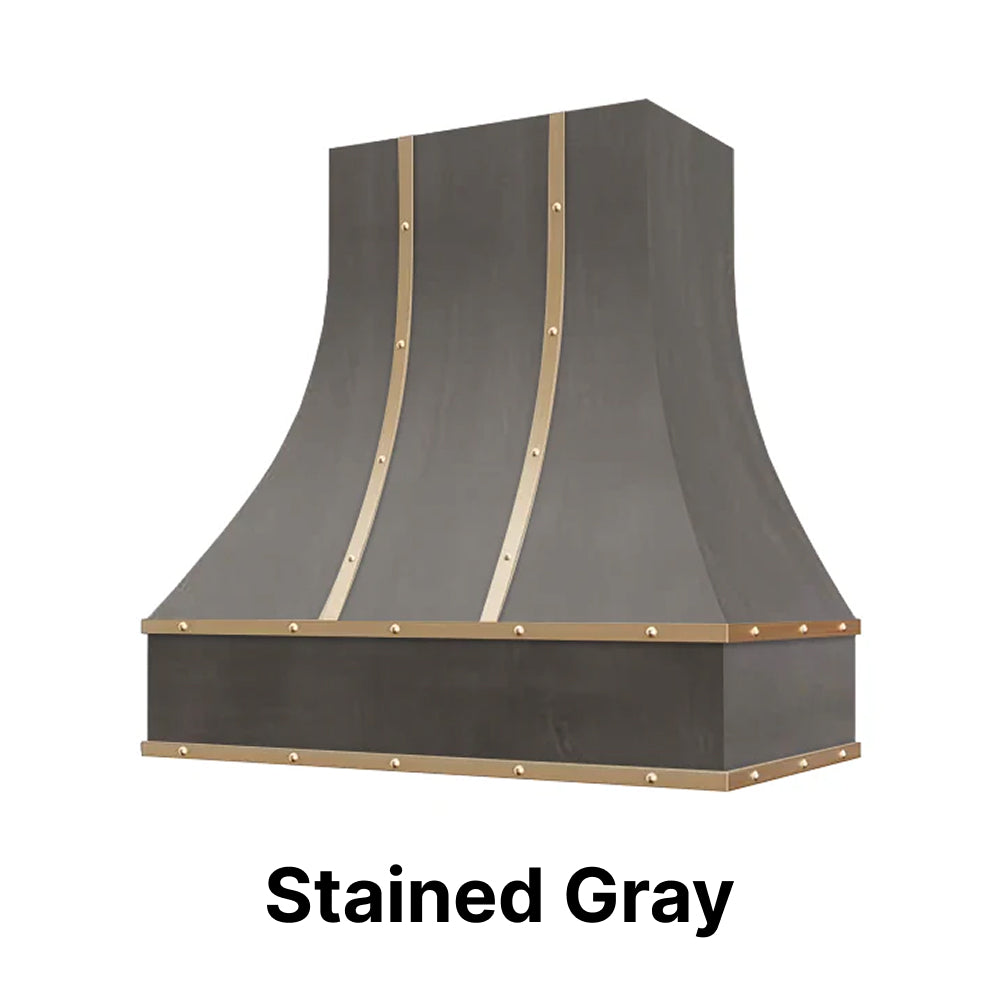 Wood Range Hood With Curved Front, Brass Strapping and Buttons - 30
