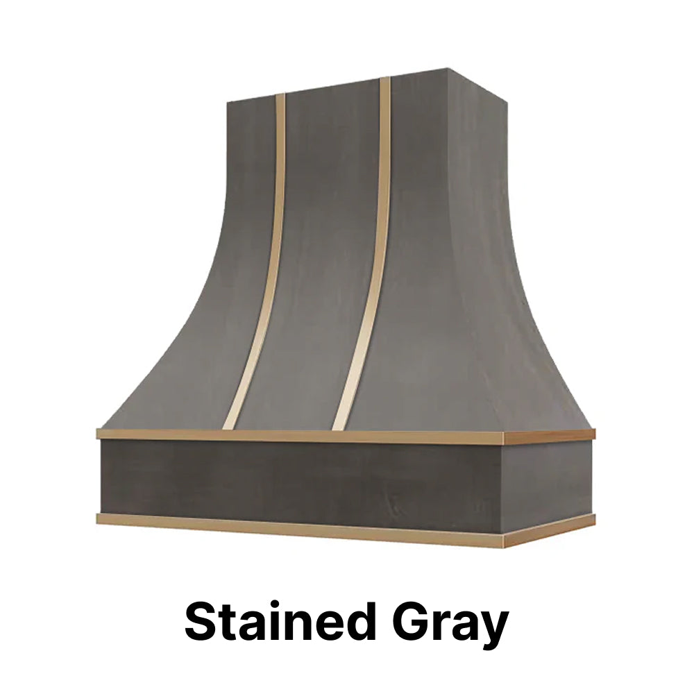 Wood Range Hood With Curved Front and Brass Strapping and Flat Trim - 30