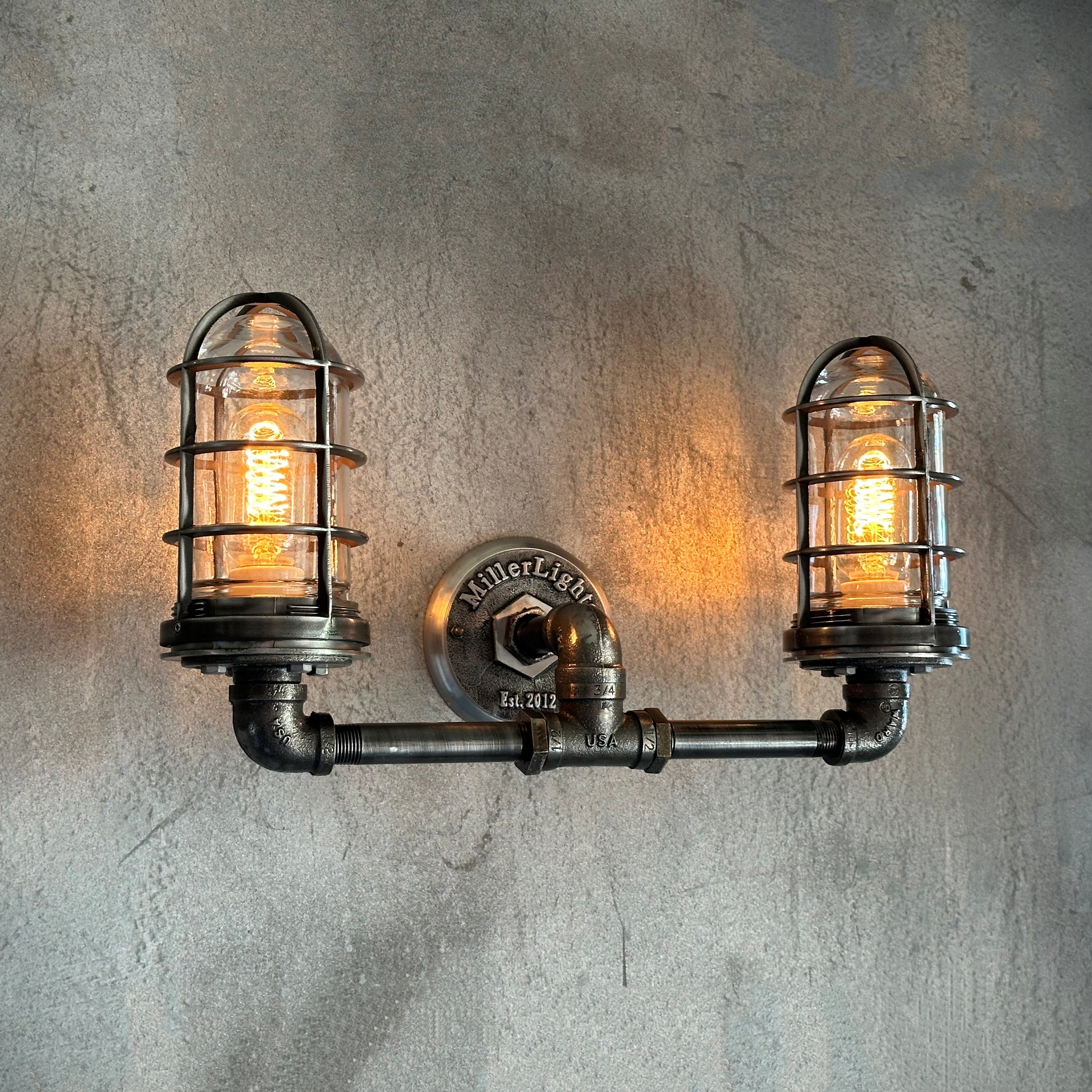 Black Pipe Light - Industrial Double Cage Wall Sconce - The Ironforge