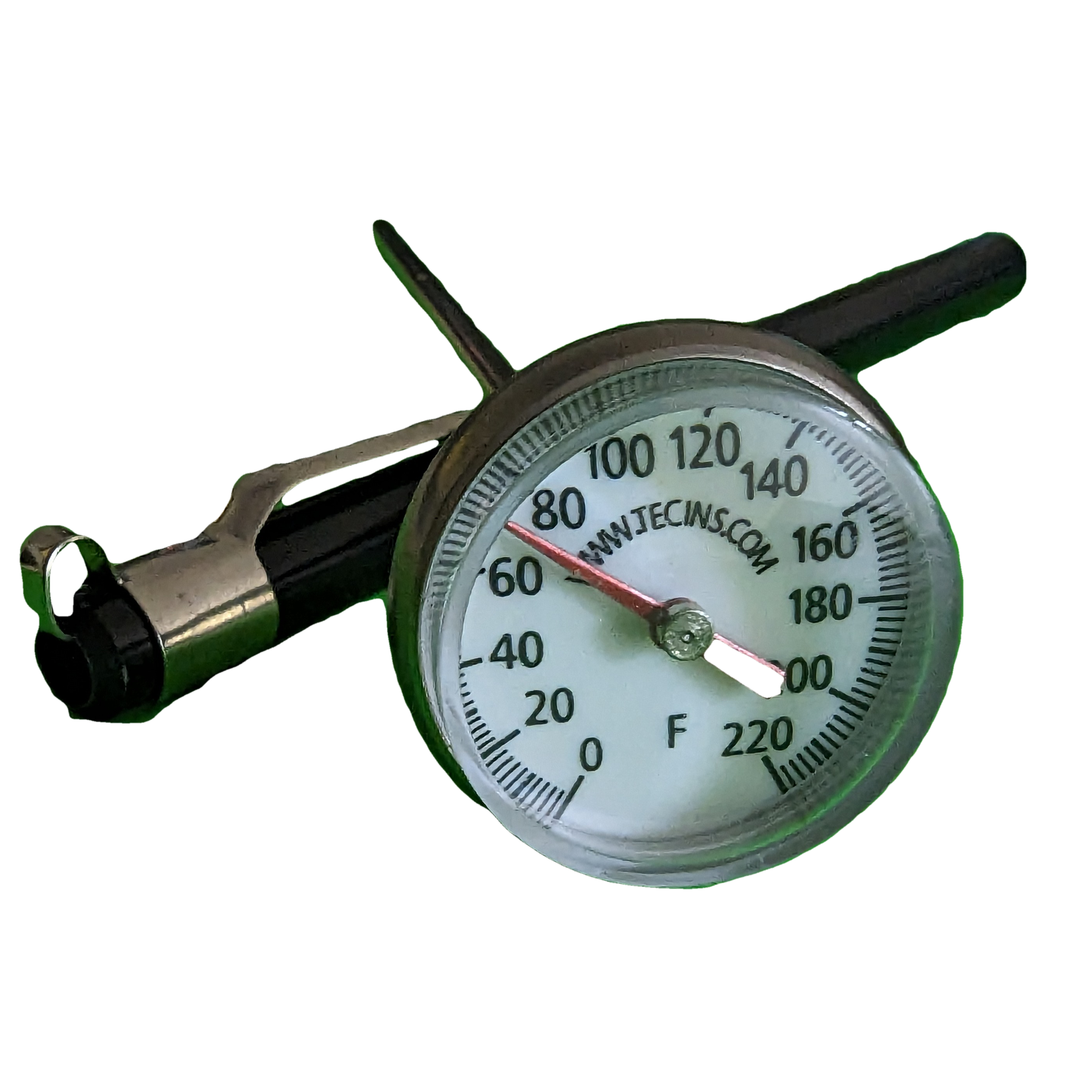 T220FL-Tecins   5" Stem, 1" Dial, 0/220 F Bimetal Thermometer. Standard Calibration Nut, black sheath