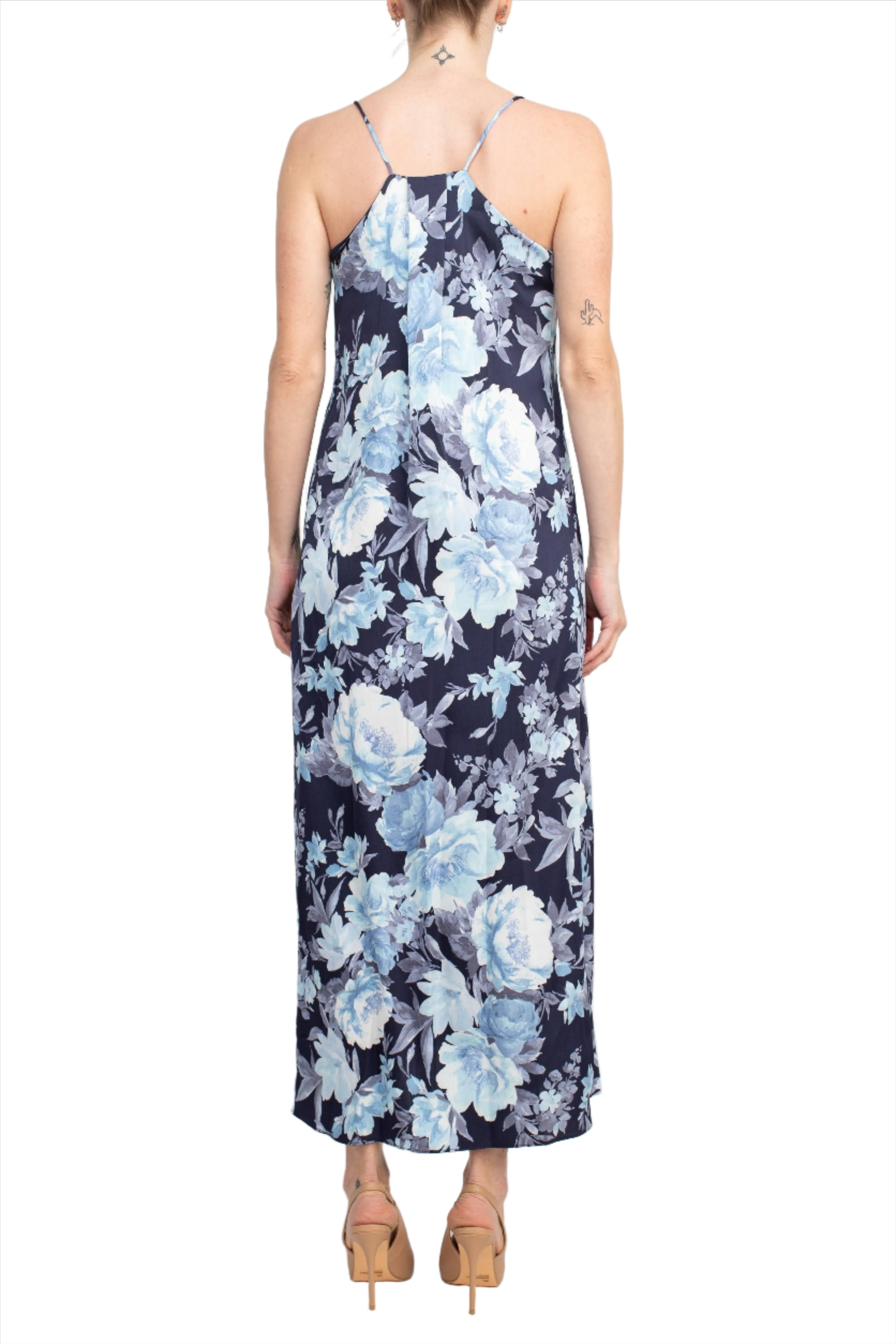 Connected Apparel V-Neck Spaghetti Strap Floral Print Satin Dress with Pockets