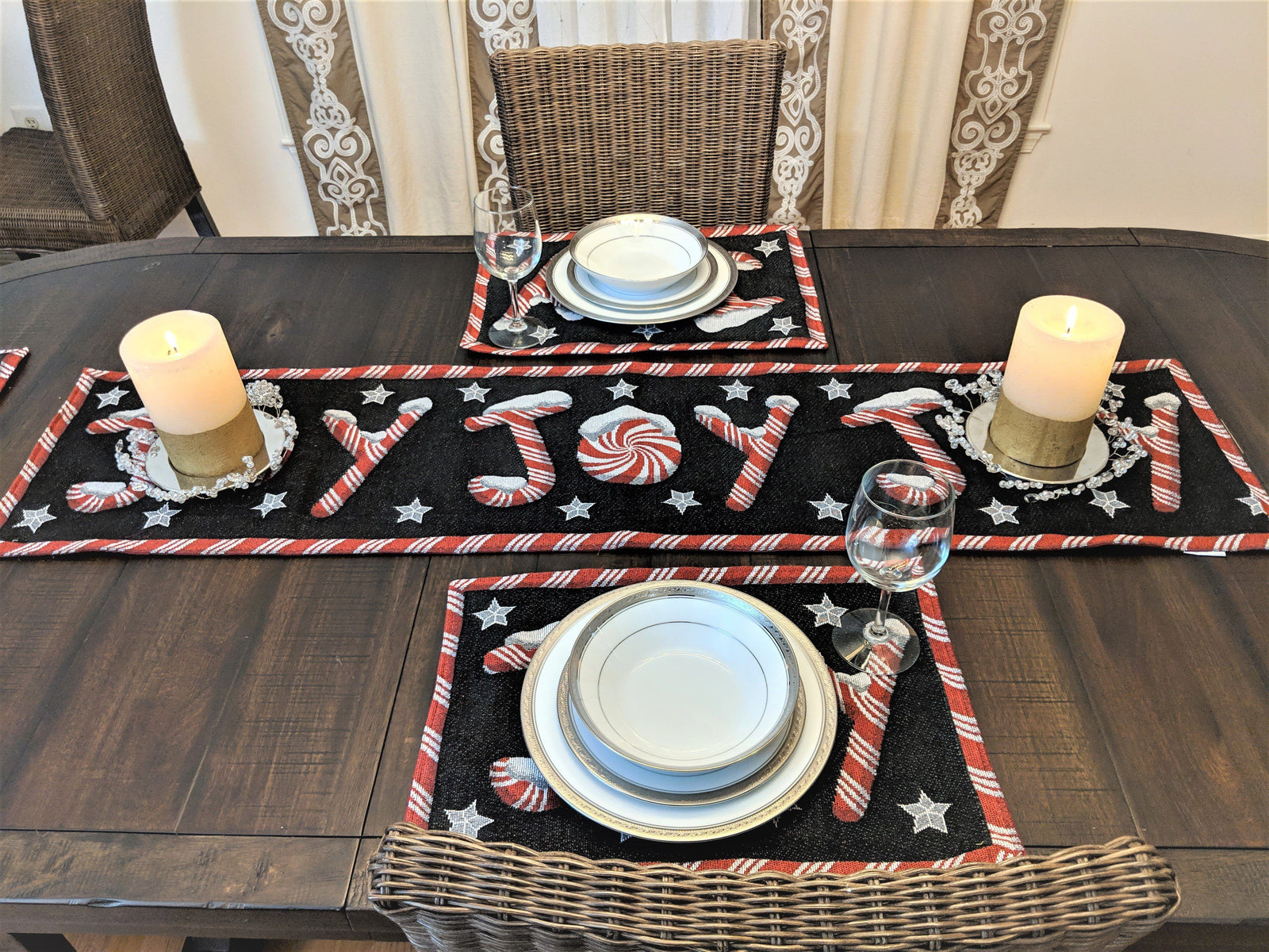 DaDa Bedding Set of 8 Pieces Peppermint Joy Holiday Table Tapestry - 4 Placemats, 2 Table Runners, 2 Throw Pillow Covers (12904)