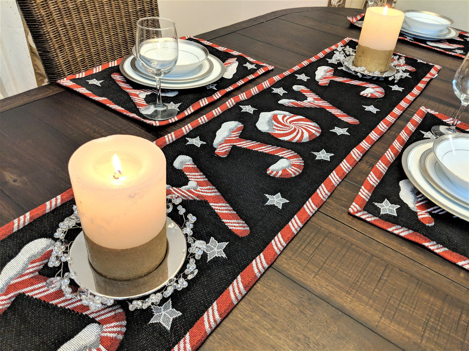 DaDa Bedding Set of 8 Pieces Peppermint Joy Holiday Table Tapestry - 4 Placemats, 2 Table Runners, 2 Throw Pillow Covers (12904)