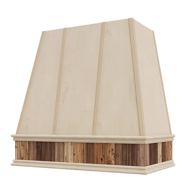Unfinished Wood Range Hood With Reclaimed Wood Band, Tapered Front and Decorative Trim - 30