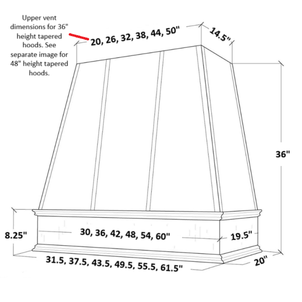 Wood Range Hood With Reclaimed Wood Band, Tapered Front and Decorative Trim - 30