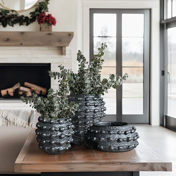 Handcrafted Textured Outdoor Matte Black Planters, Set of 3