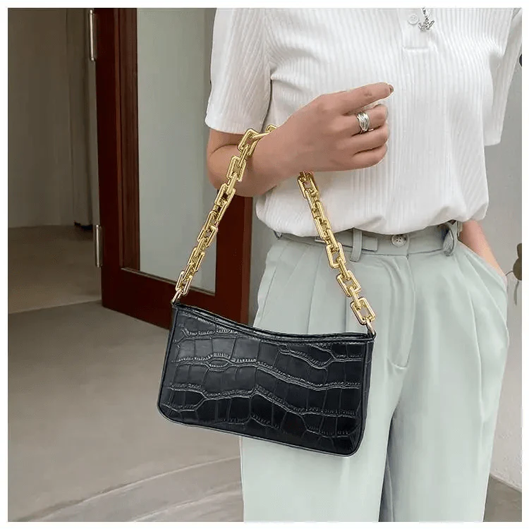 Thick Chain Vintage Shoulder Bags For Women Stone Pattern French Style Armpit Women Bag Pu Leather Minimalist Handbag Clutches