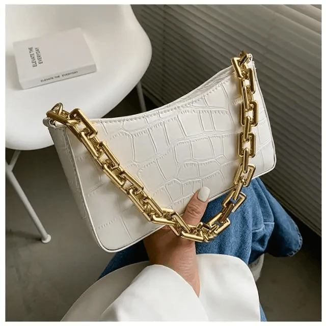 Thick Chain Vintage Shoulder Bags For Women Stone Pattern French Style Armpit Women Bag Pu Leather Minimalist Handbag Clutches