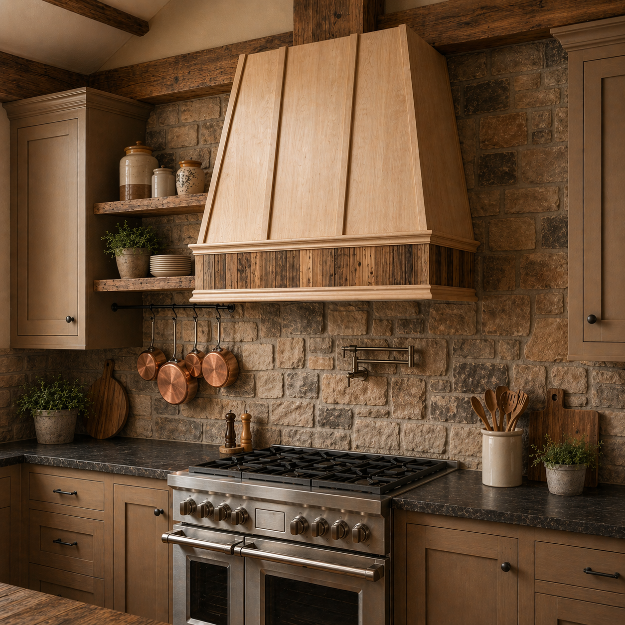 Wood Range Hood With Reclaimed Wood Band, Tapered Front and Decorative Trim - 30