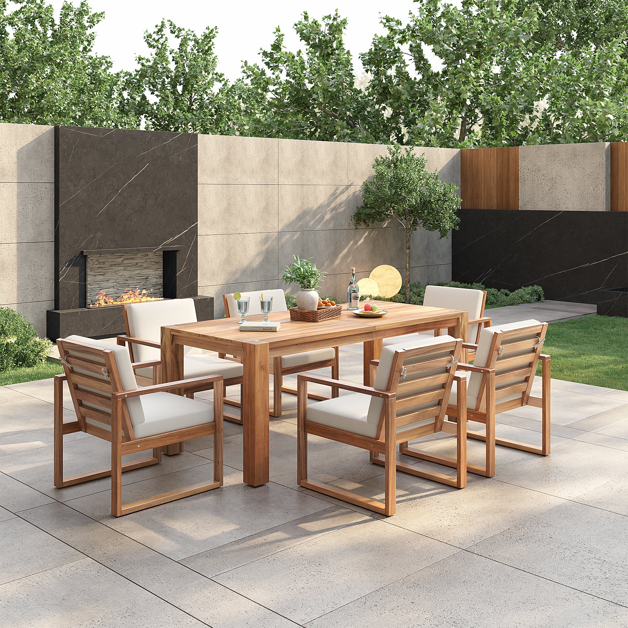 Acacia Outdoor Dining Set with Cushions and Umbrella Hole - Beige