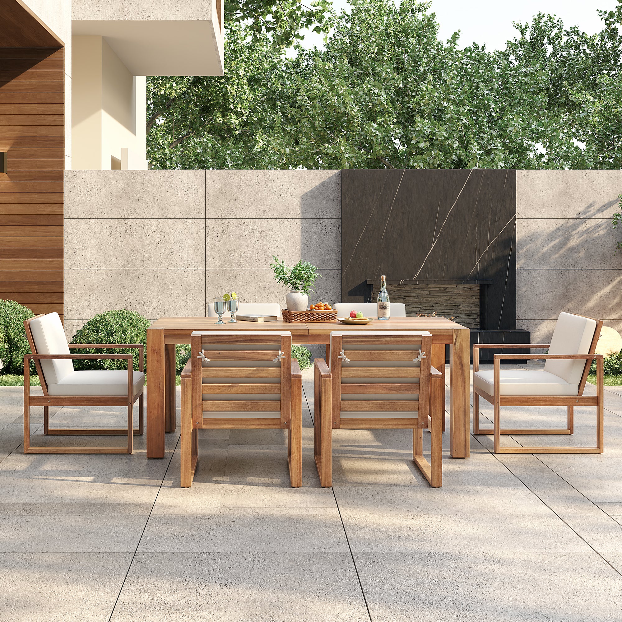 Acacia Outdoor Dining Set with Cushions and Umbrella Hole - Beige