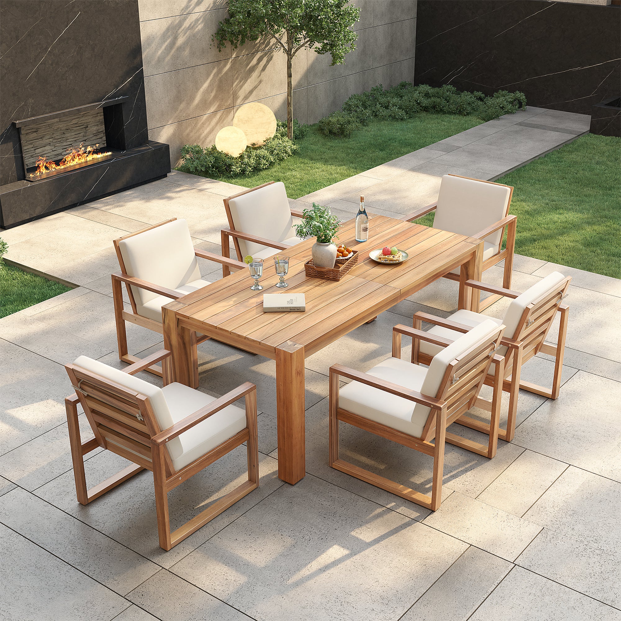 Acacia Outdoor Dining Set with Cushions and Umbrella Hole - Beige