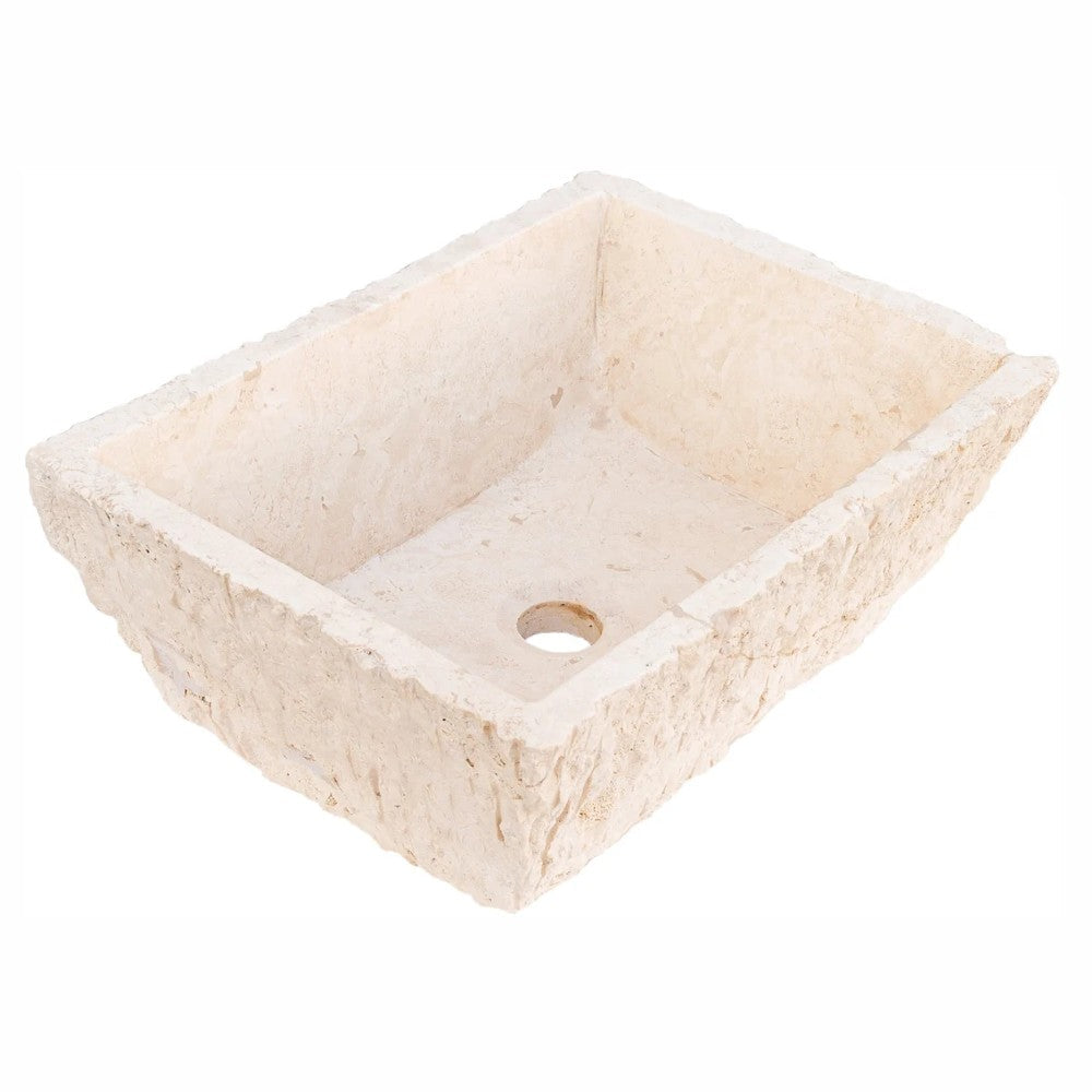 Troia Light Rustic Natural Stone Vessel Sink Honed Interior Hand Chiseled Exterior (W)12" (L)17" (H)6"