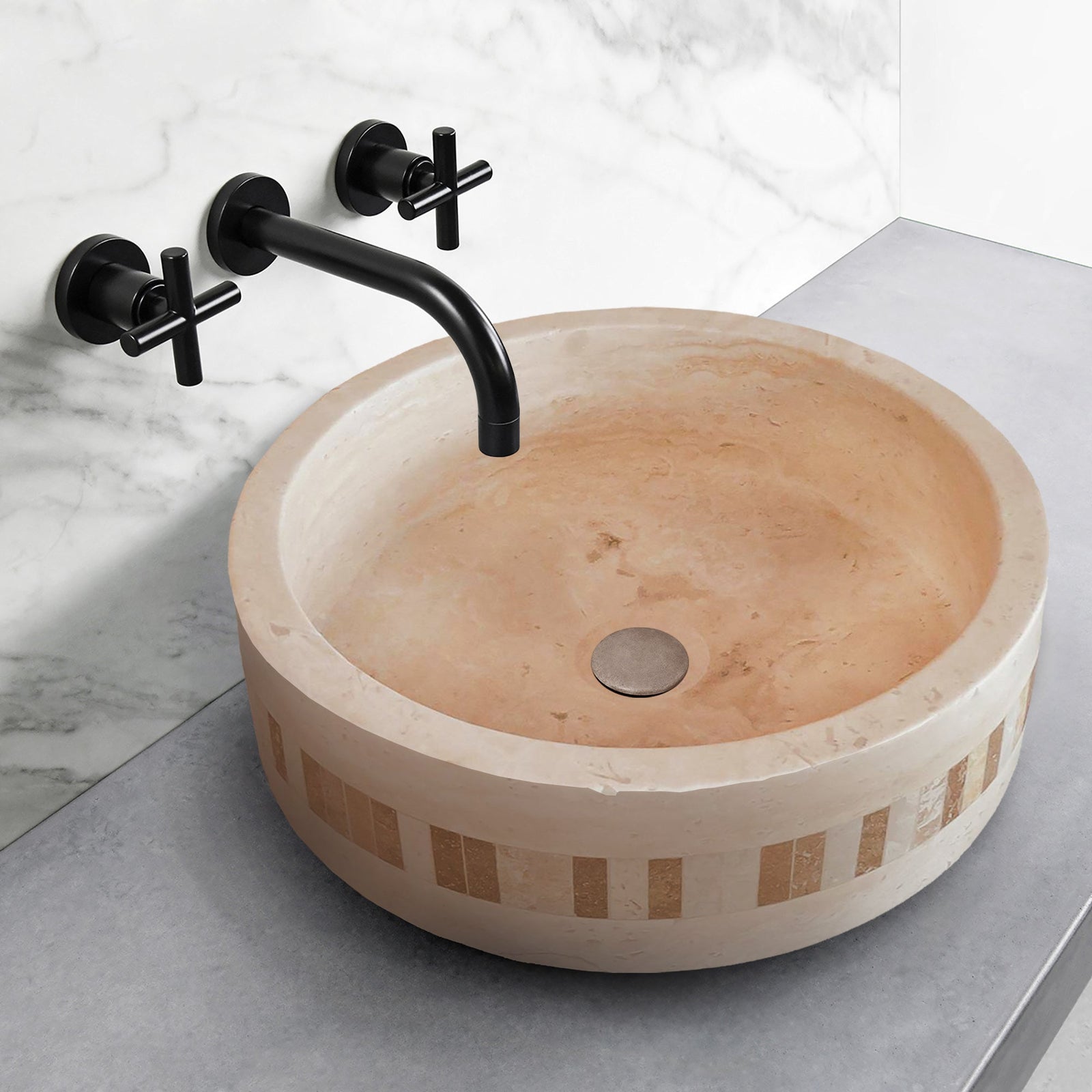 Troia Light Travertine Natural Stone Cylinder Sink Honed and Filled/Matte (D)16