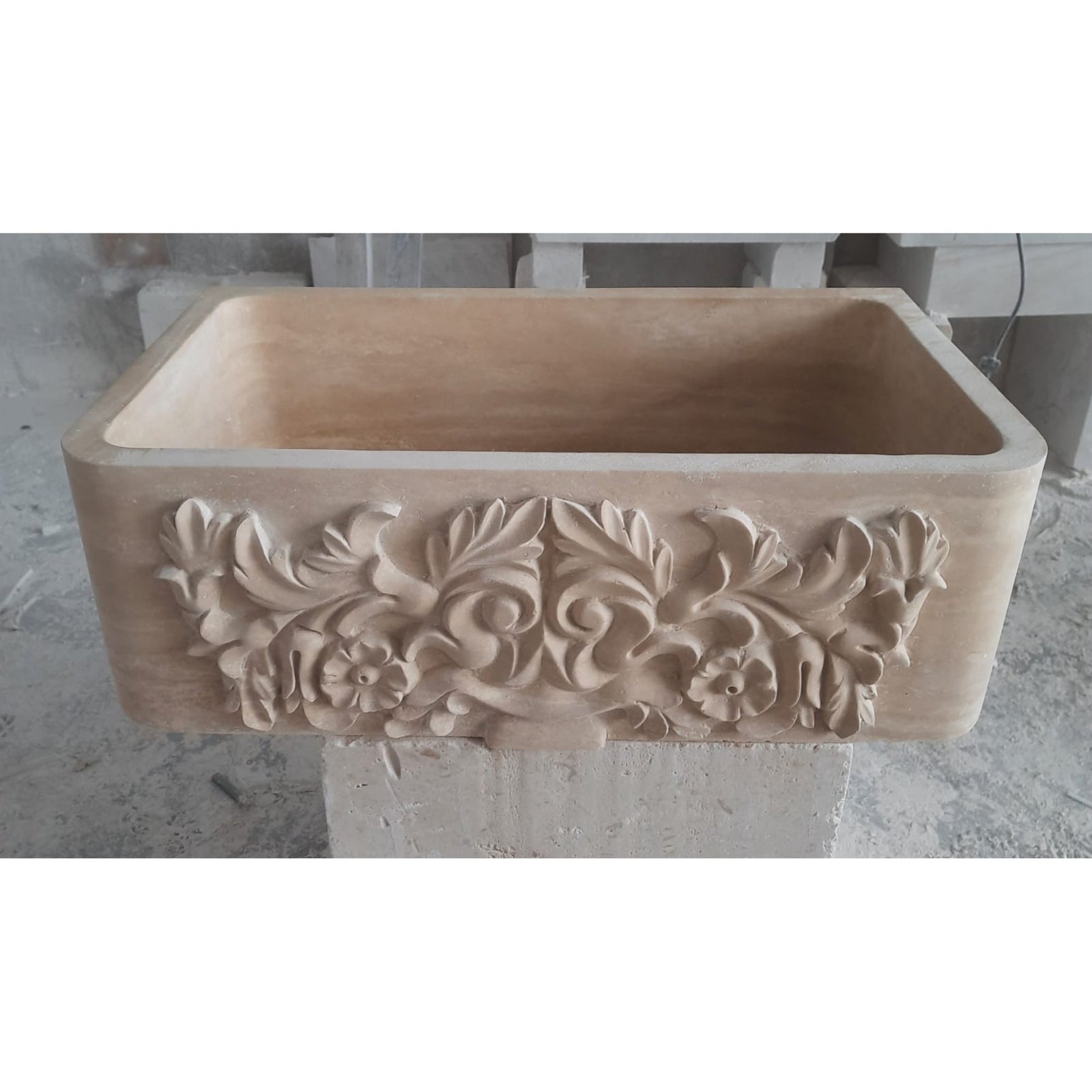 Troia Light Travertine Natural Stone Farmhouse Apron Kitchen Sink (W)18