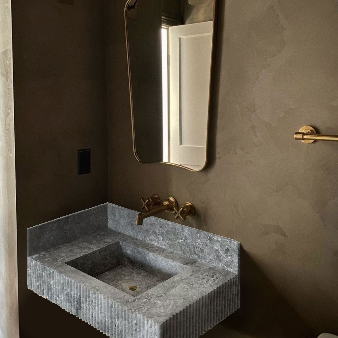 Tundra Gray Marble Rectangular Wall-mount Bathroom Sink with 6