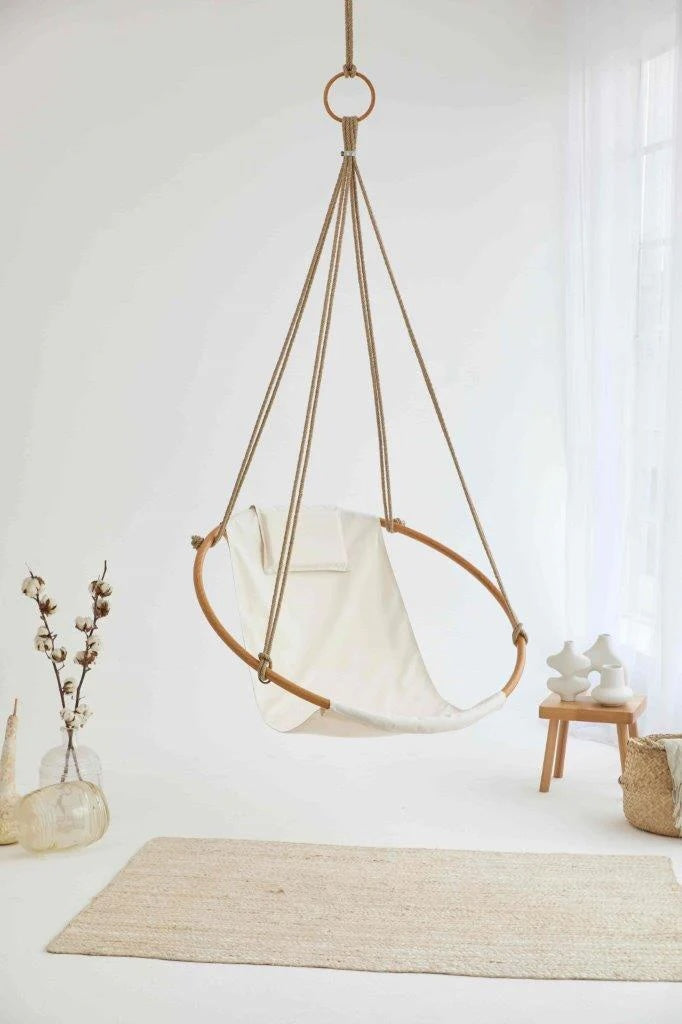 Twill Natural Round Hanging Chair Teak Frame