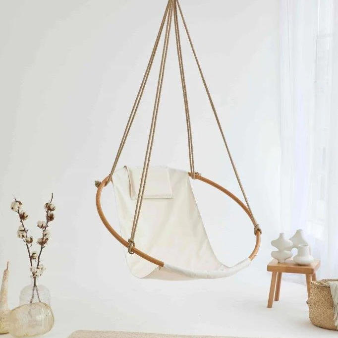 Twill Natural Round Hanging Chair Teak Frame