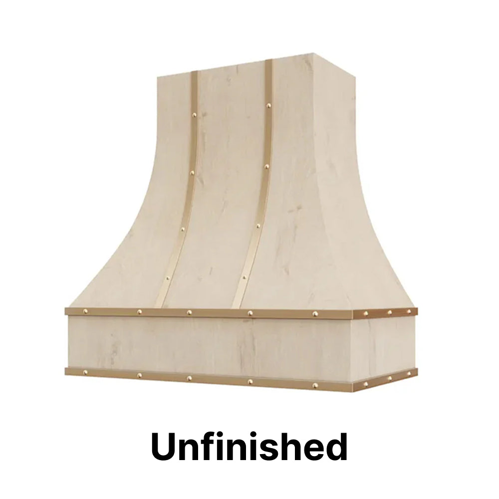 Wood Range Hood With Curved Front, Brass Strapping and Buttons - 30