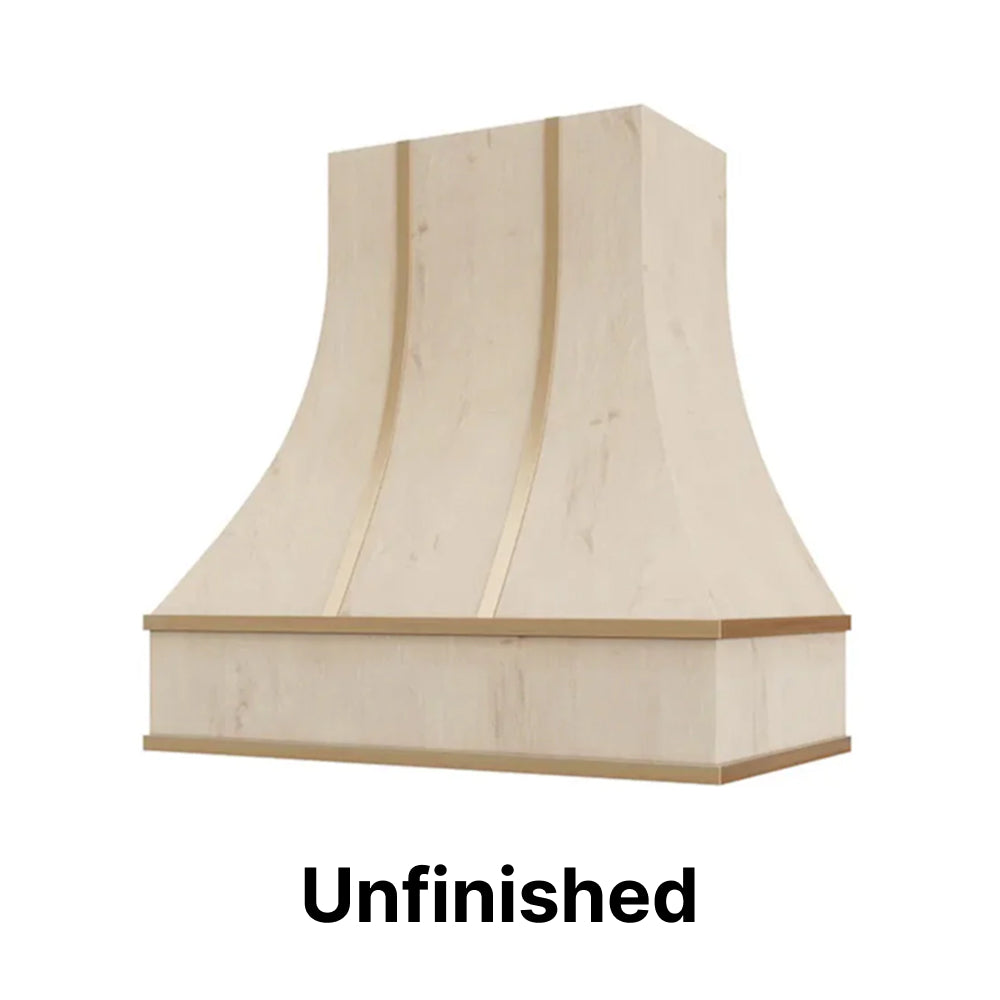 Wood Range Hood With Curved Front and Brass Strapping and Flat Trim - 30