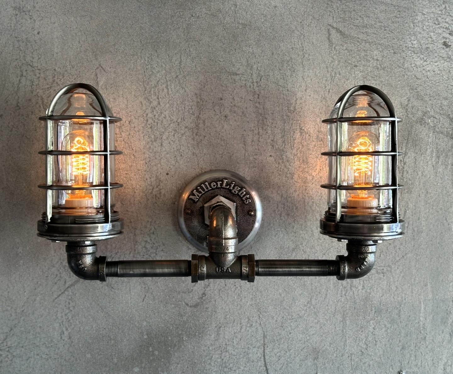 Black Pipe Light - Industrial Double Cage Wall Sconce - The Ironforge