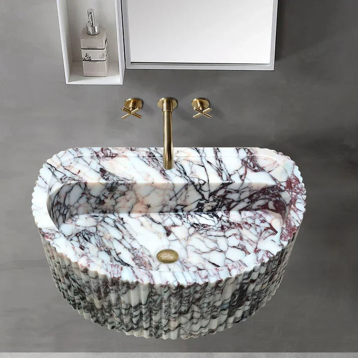 Calacatta Viola Marble Wall-Mount Fluted Half-Round Bathroom Sink (W)16