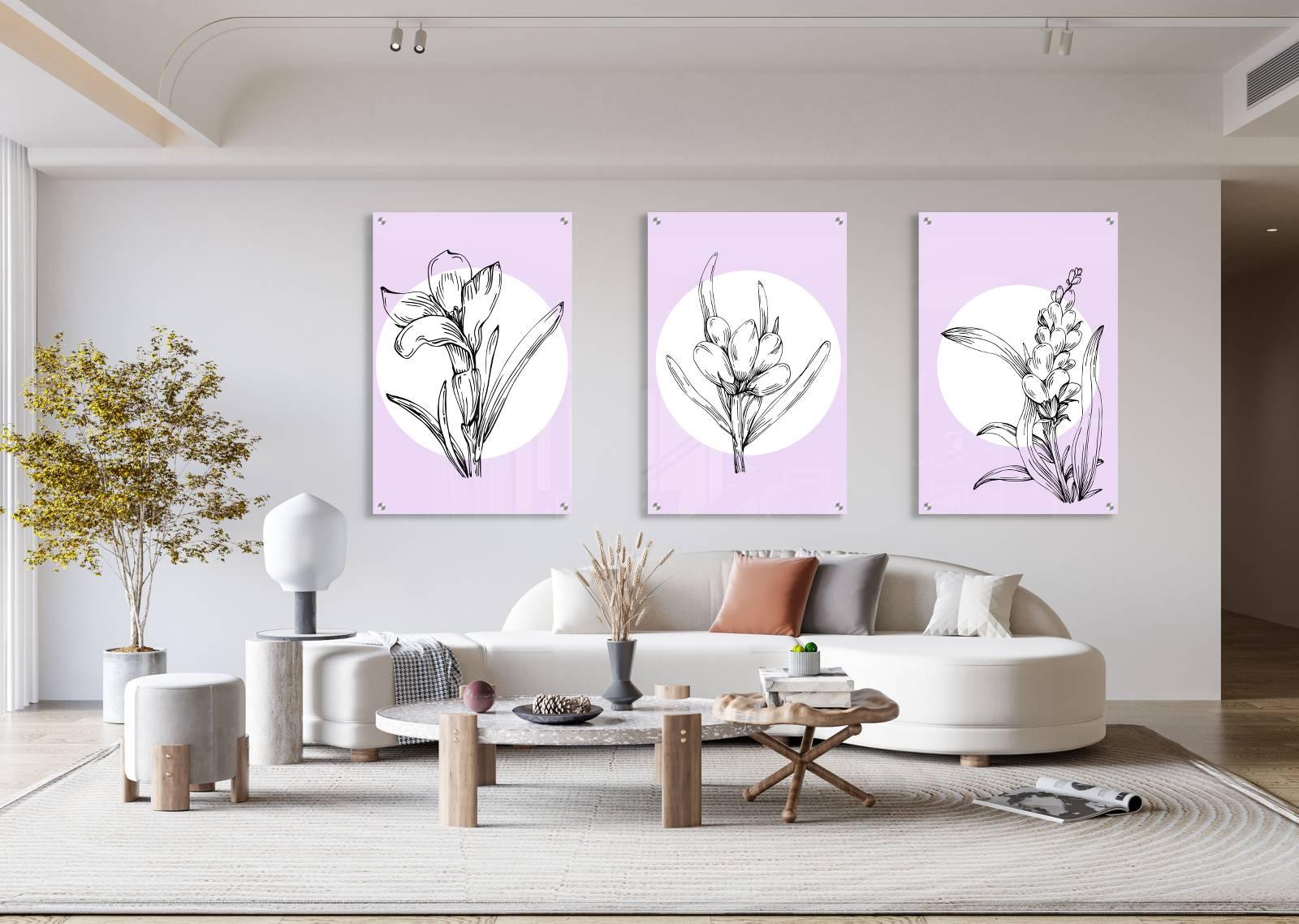 Violet Floral Pattern Set of 3 Prints Modern Wall Art Modern Artwork