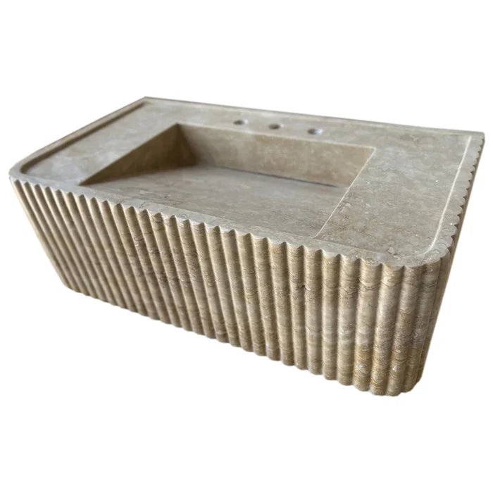 Walnut Travertine Rectangular Wall-mount Bathroom Sink Fluted (W)16