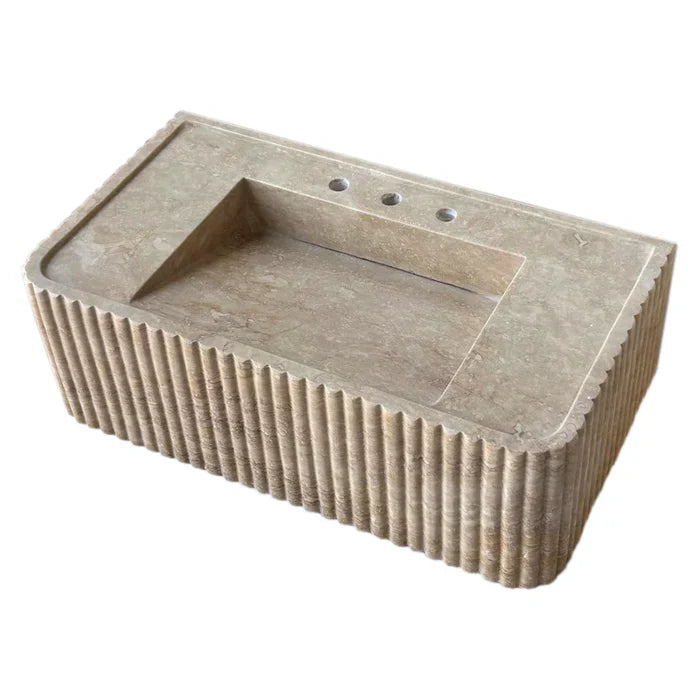 Walnut Travertine Rectangular Wall-mount Bathroom Sink Fluted (W)16