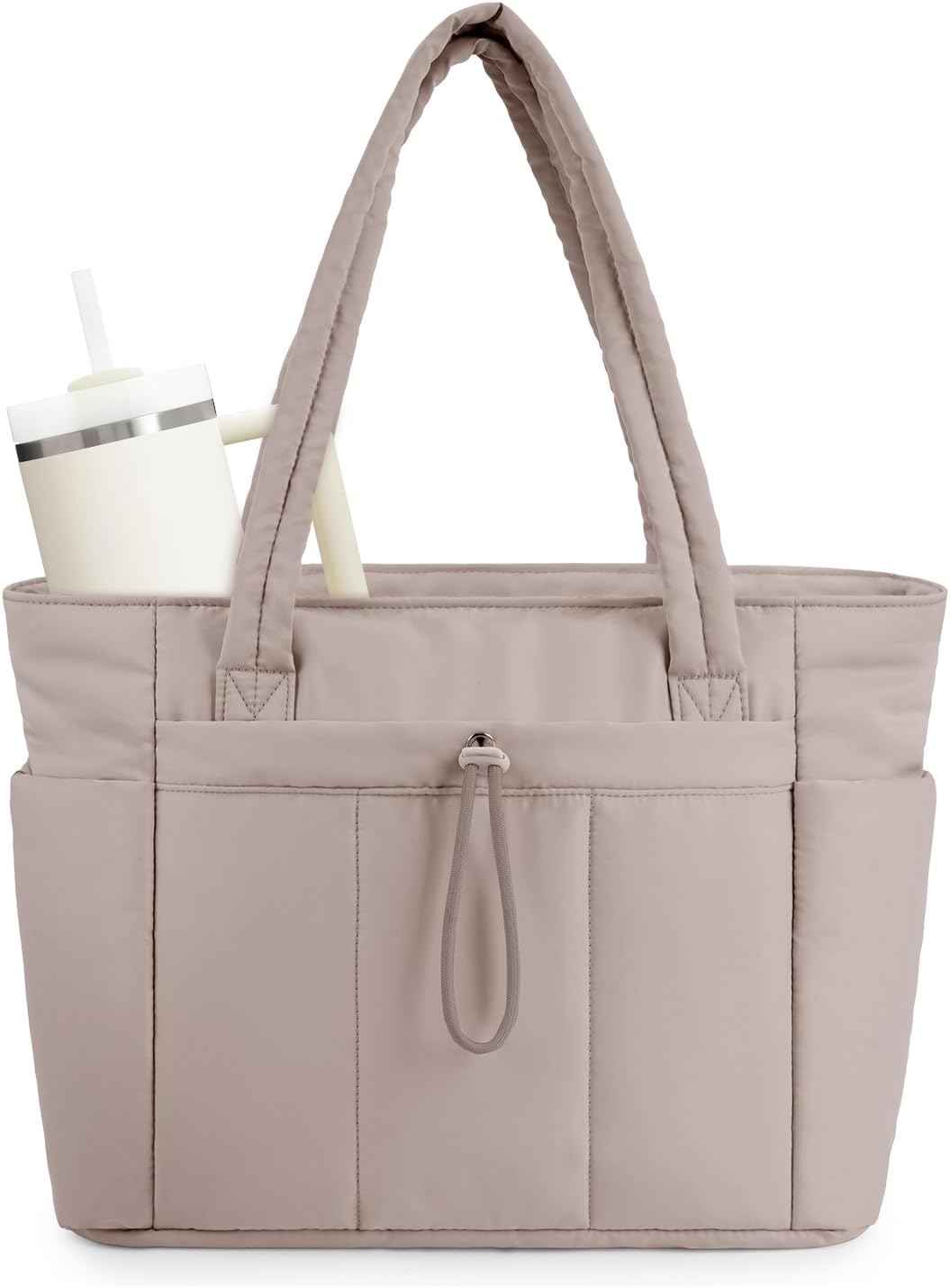 Quilted Puffer Tote Bag with Laptop Sleeve & Cup Holder 20L Travel Work