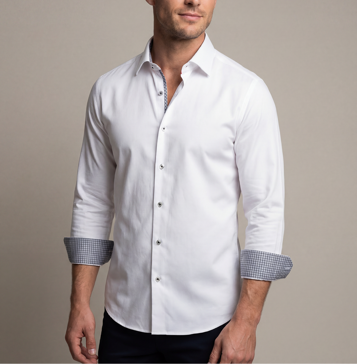 Jason// Cotton Knit-Stretch Button-Up Shirt With Contrast Details // White // Tailored Fit (Fitted)