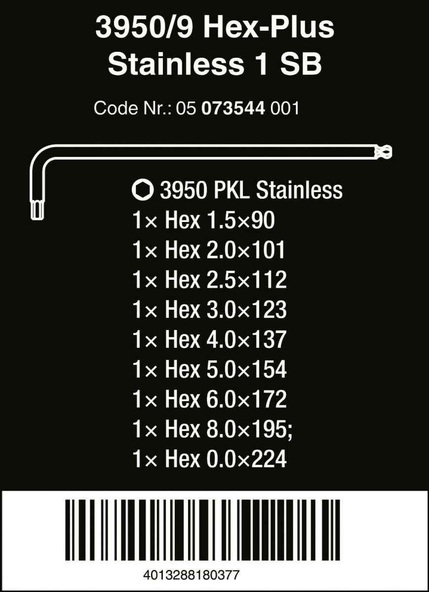 Wera 3950/9 Hex-Plus 1 SB Stainless Steel L-Key Set Metric 9 Pieces 05073544001