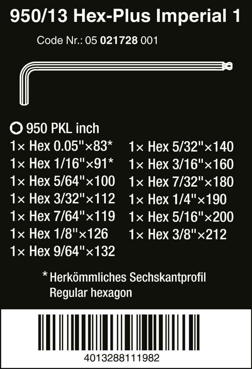 Wera 950/13 Hex-Plus 1 L-Key Set SAE 13 Piece 05021728001