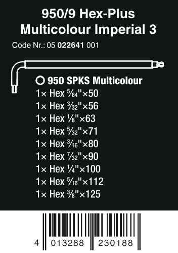Wera 950/9 Hex-Plus Multicolor 3 L-Key Set SAE 9 Pieces 05022641001