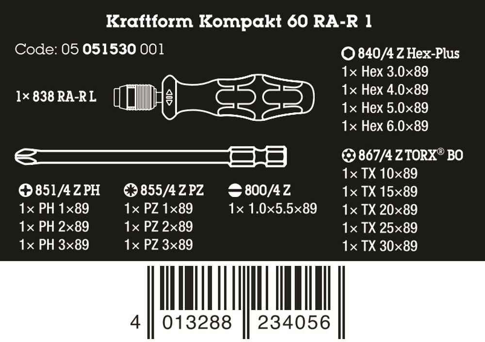 Wera Kraftform Kompakt 60 RA-R 1 Ratcheting Screwdriver Set Metric 05051530001