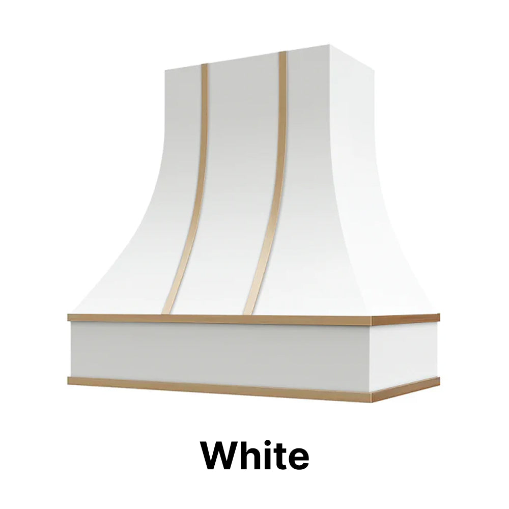 Wood Range Hood With Curved Front and Brass Strapping and Flat Trim - 30