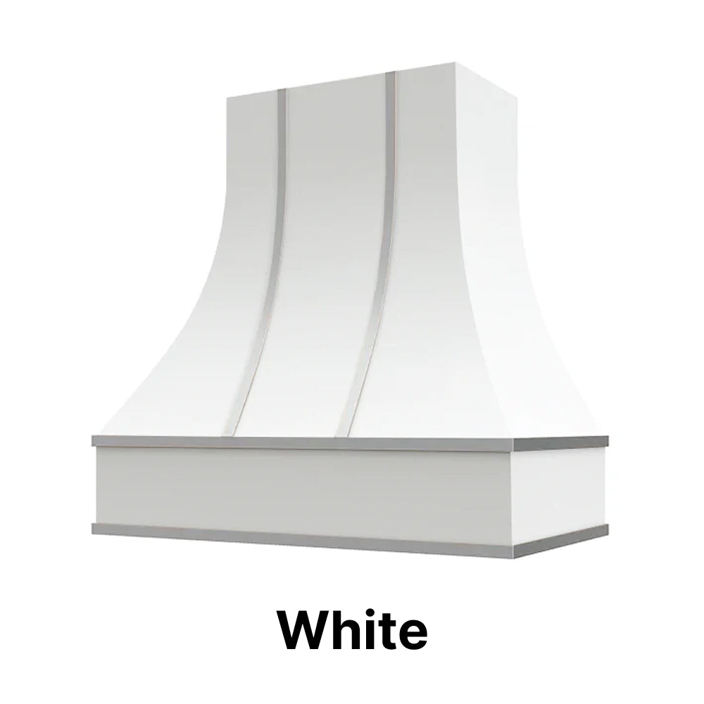 Wood Range Hood With Curved Front, Silver Strapping and Block Trim - 30