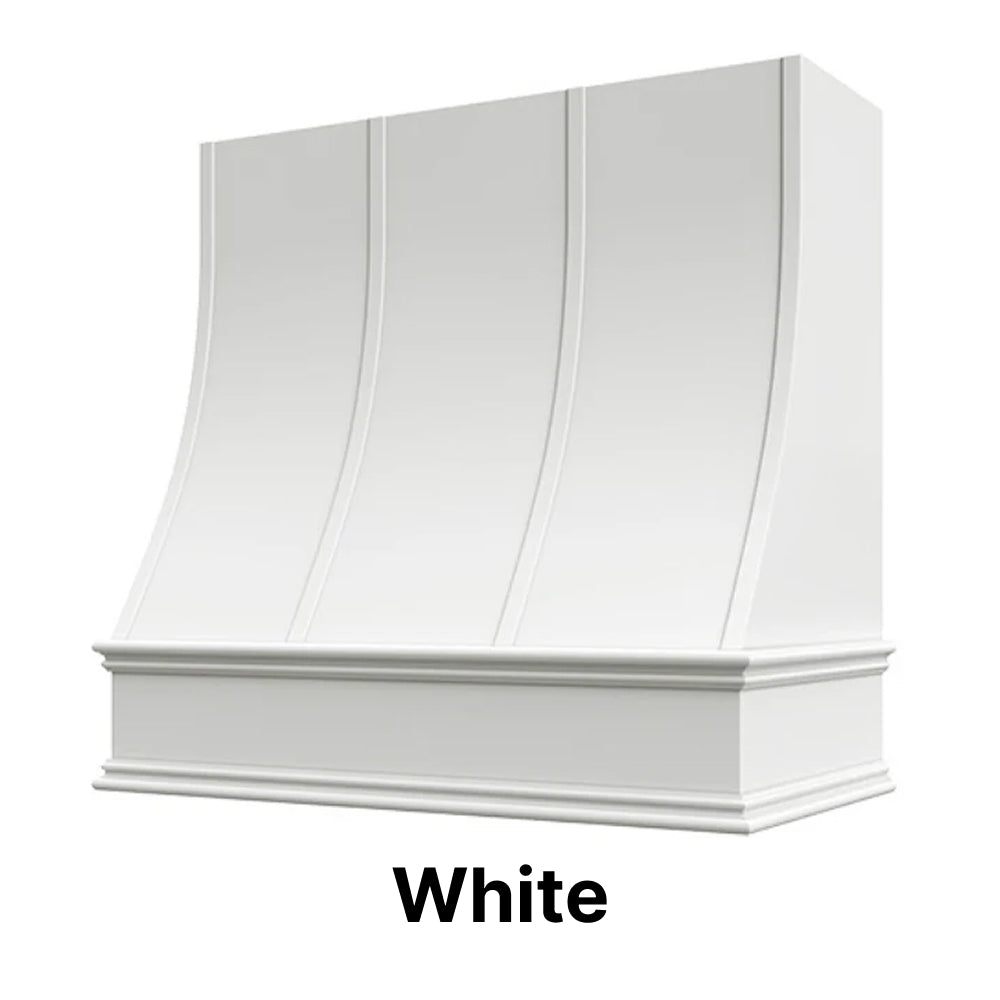 Wood Range Hood With Sloped Strapped Front and Decorative Trim - 30