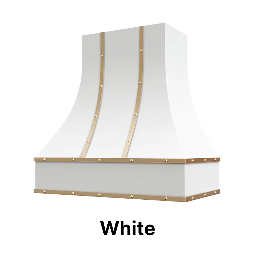 Wood Range Hood With Curved Front, Brass Strapping and Buttons - 30