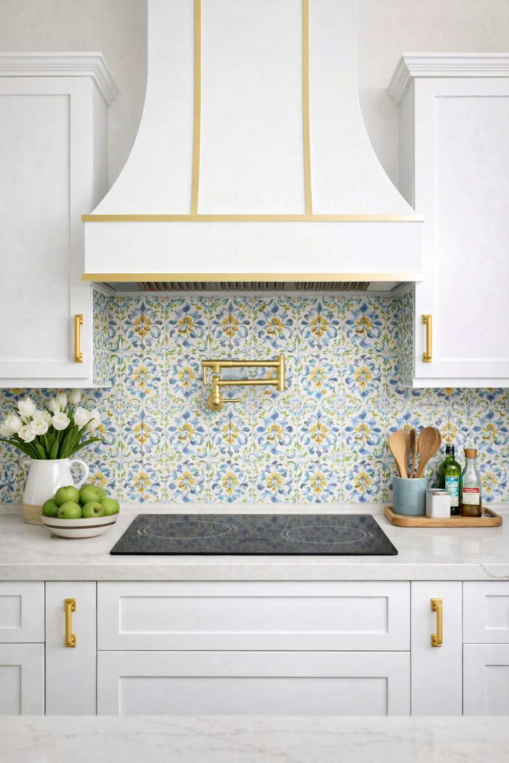 Wood Range Hood With Curved Front and Brass Strapping and Flat Trim - 30