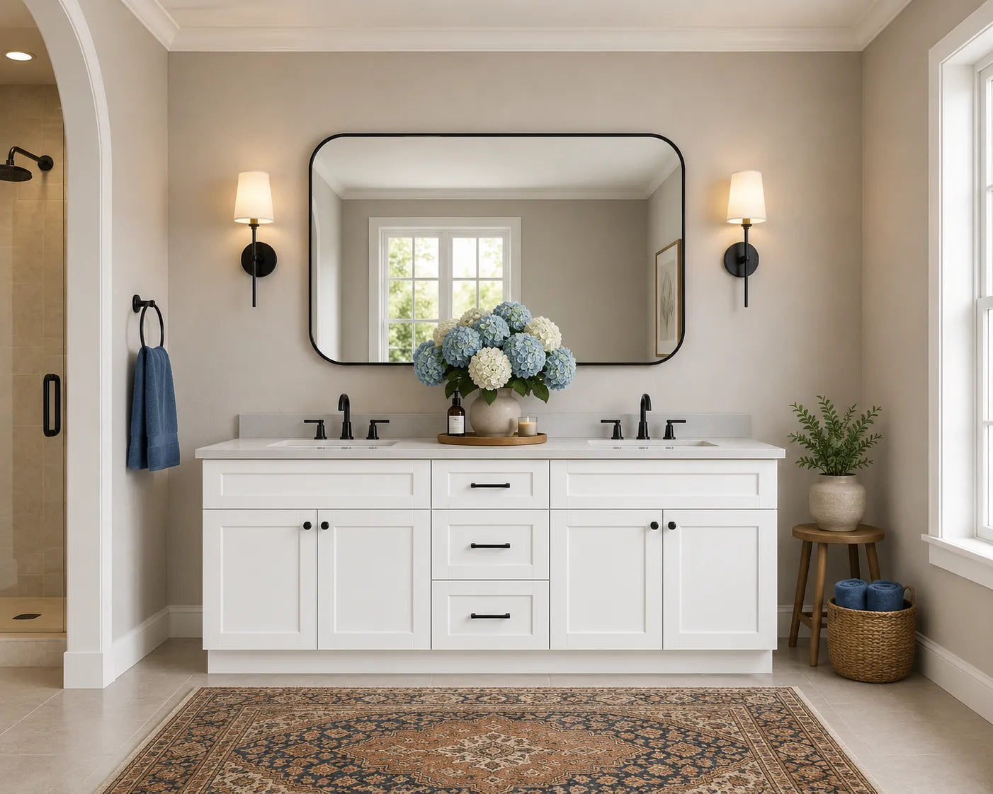 80-Inch White Shaker Double-Sink Bathroom Vanity with Drawers