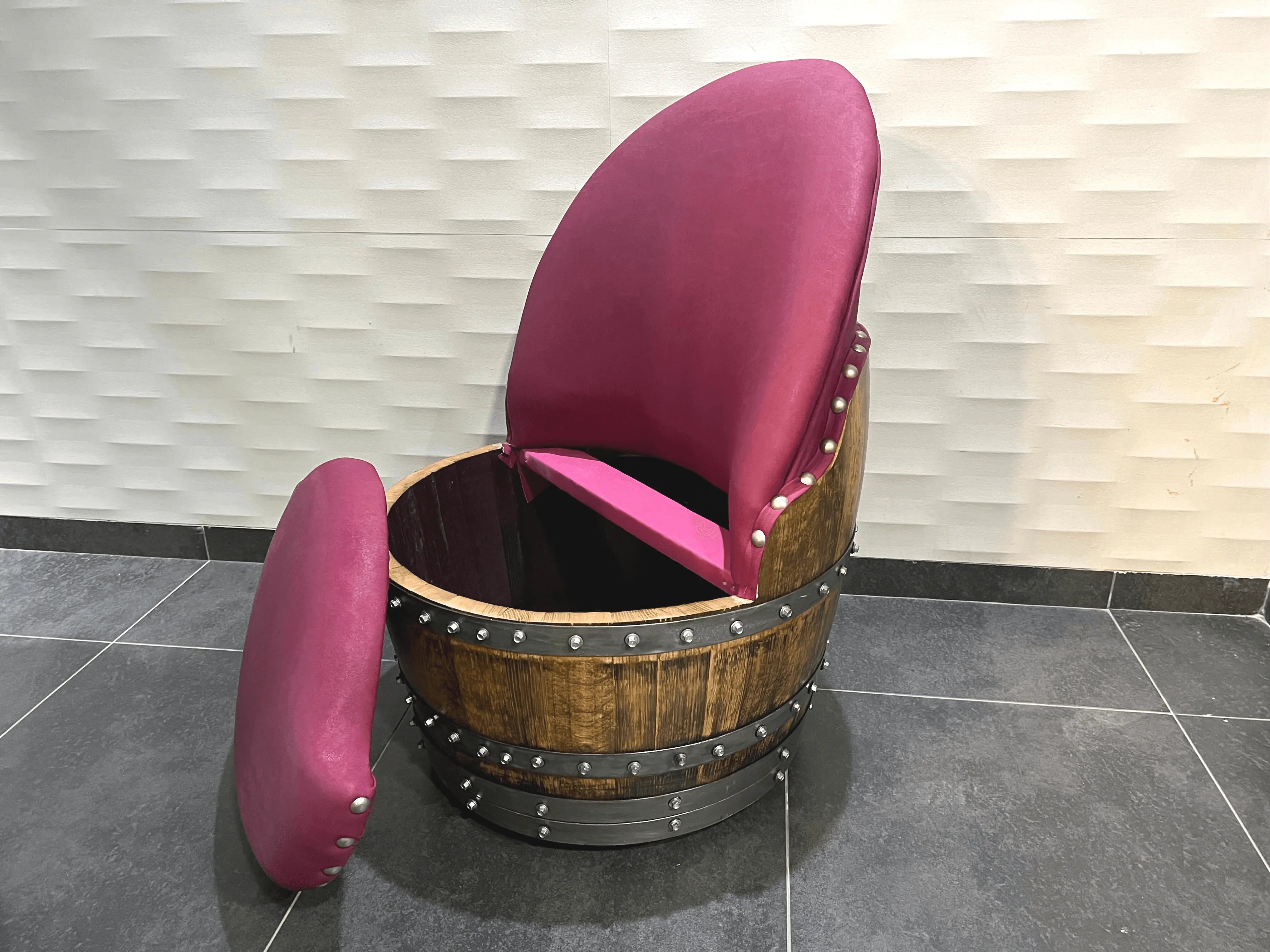 Burgundy Berry Oak Barrel Chair, Handmade Wine and Whiskey Barrel Chair, Hidden Storage, Memory Foam Upholstery, Movable On Casters