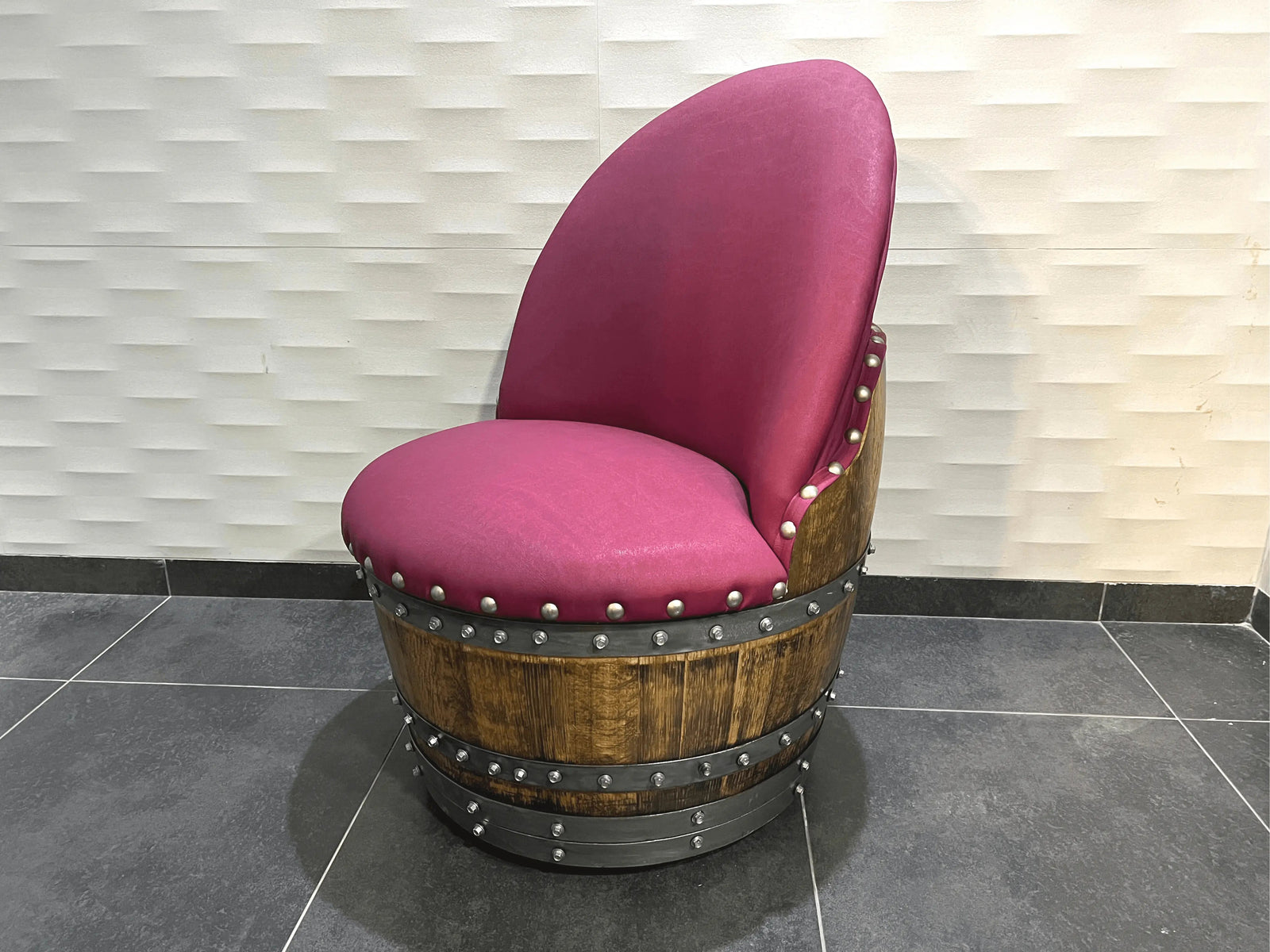 Burgundy Berry Oak Barrel Chair, Handmade Wine and Whiskey Barrel Chair, Hidden Storage, Memory Foam Upholstery, Movable On Casters