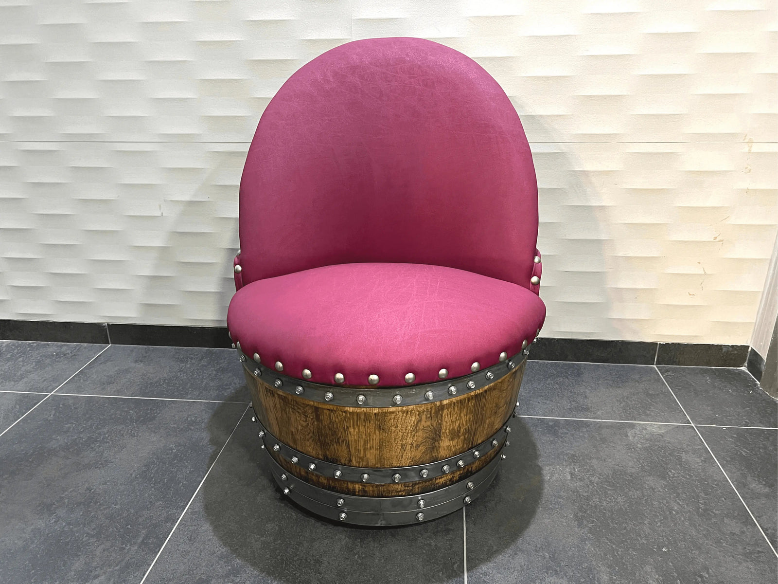 Burgundy Berry Oak Barrel Chair, Handmade Wine and Whiskey Barrel Chair, Hidden Storage, Memory Foam Upholstery, Movable On Casters