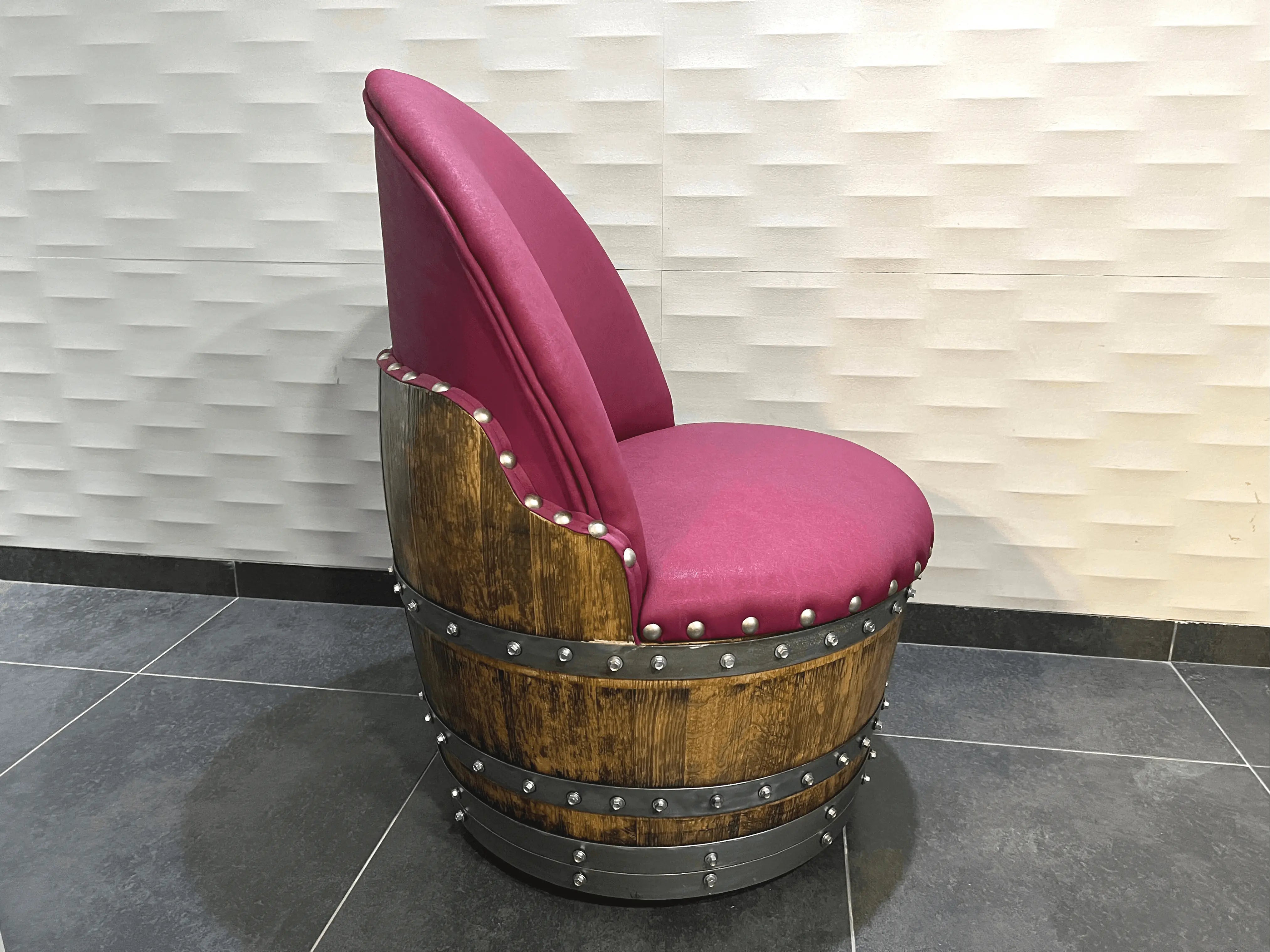 Burgundy Berry Oak Barrel Chair, Handmade Wine and Whiskey Barrel Chair, Hidden Storage, Memory Foam Upholstery, Movable On Casters