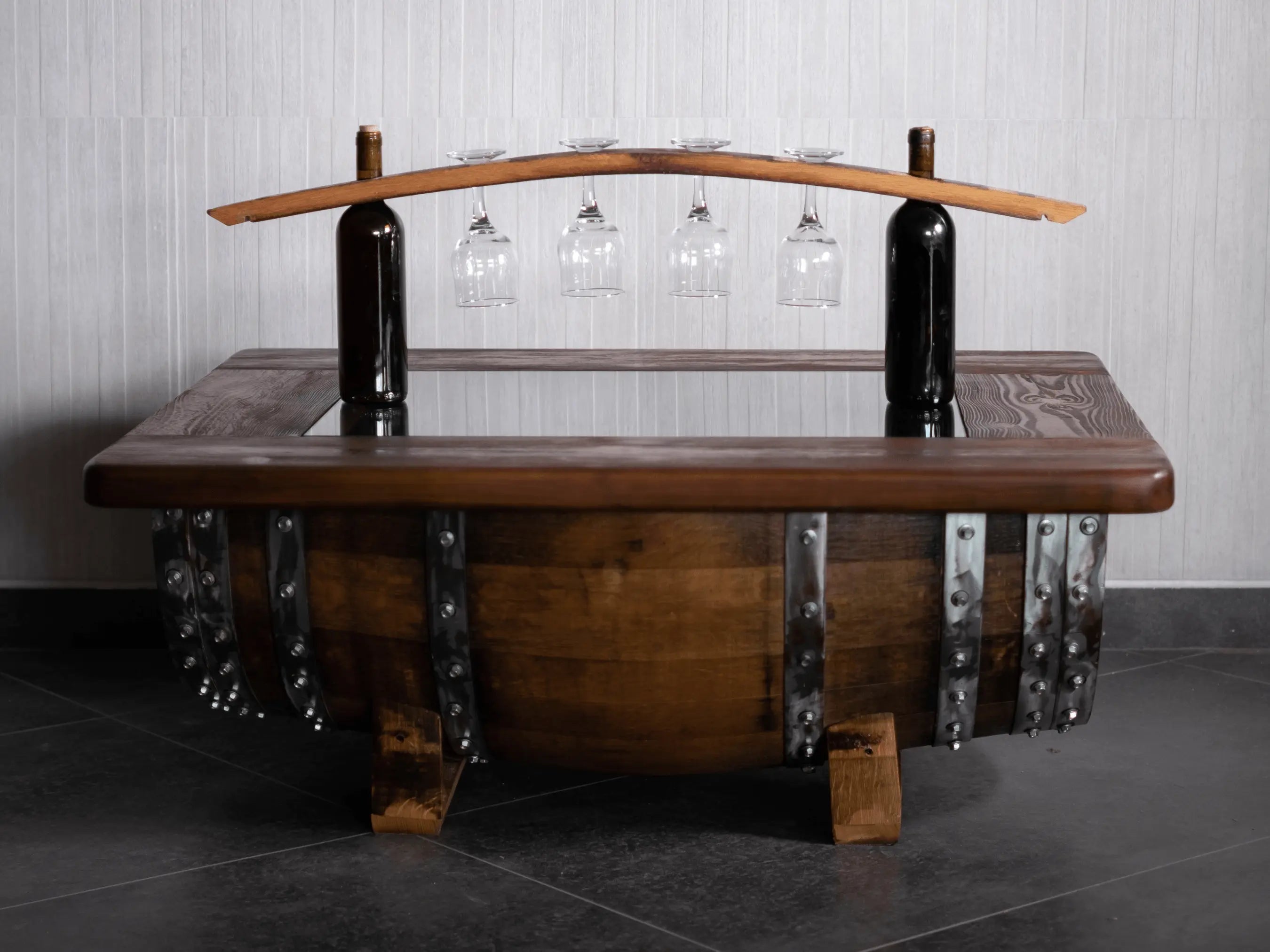 Barrel Coffee Table With Removable Glass Top - Wine/Whiskey/Bourbon Barrel Storage Table - Rustic Furniture
